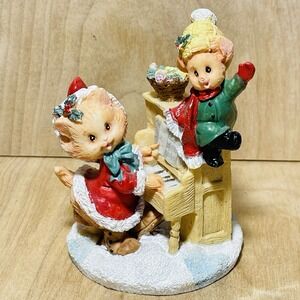 Vintage Christmas Figurine Cat Playing Piano With Mouse Cheery Holiday Spirit